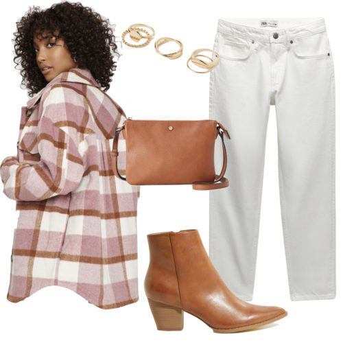 White Jeans Fall Outfit with oversized flannel shirt, brown boots, brown crossbody bag, and stacked gold rings