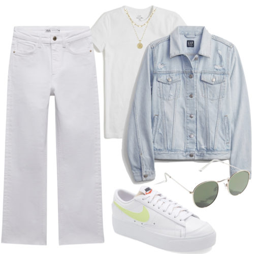 White Jeans Spring Outfit with white jeans, white tee shirt, light wash denim jacket, aviator sunglasses, high top Nike sneakers, gold jewelry