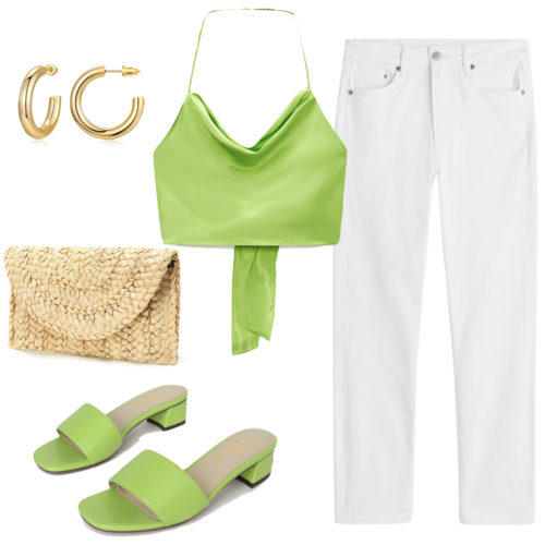 White Jeans Summer Outfit with white jeans, satin wrap crop top in lime green, woven clutch, mini hoops, lime green slide heels