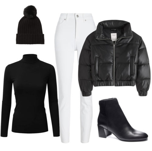White Jeans Winter Outfit with black turtleneck, black puffer coat, black ankle boots, and black pom pom beanie hat
