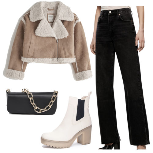 Winter Wide Leg Jeans Outfit with black wide leg jeans, cropped sherpa jacket, beige and tan ankle boots, chain strap bag in black