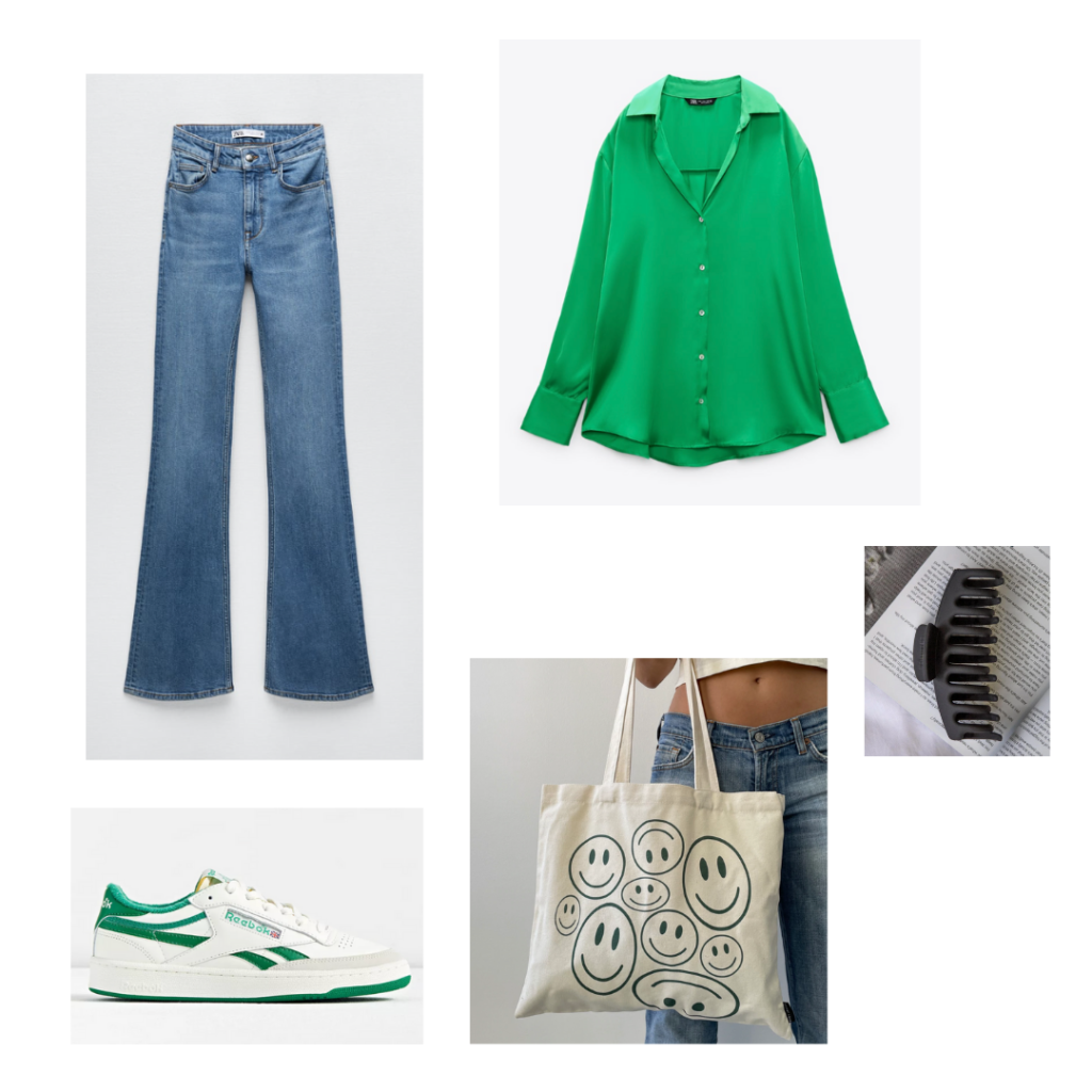 High waisted bell bottom jeans outfit with green blouse, Reebok sneakers, smiley face bag, claw clip