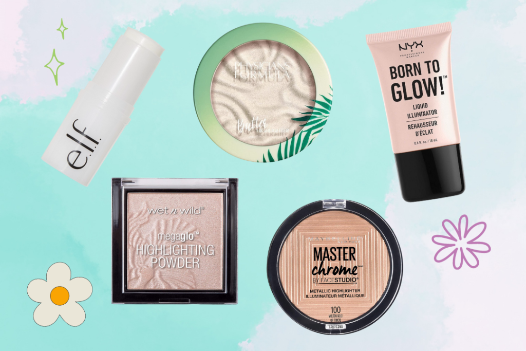 Best drugstore highlighter roundup with products from e.l.f. Cosmetics, Wet n Wild, Physicians Formula, NYX, and Maybelline