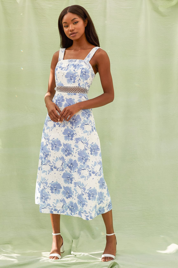 Blue and white wide strap midi dress in floral print with sheer waistband and crochet detailing