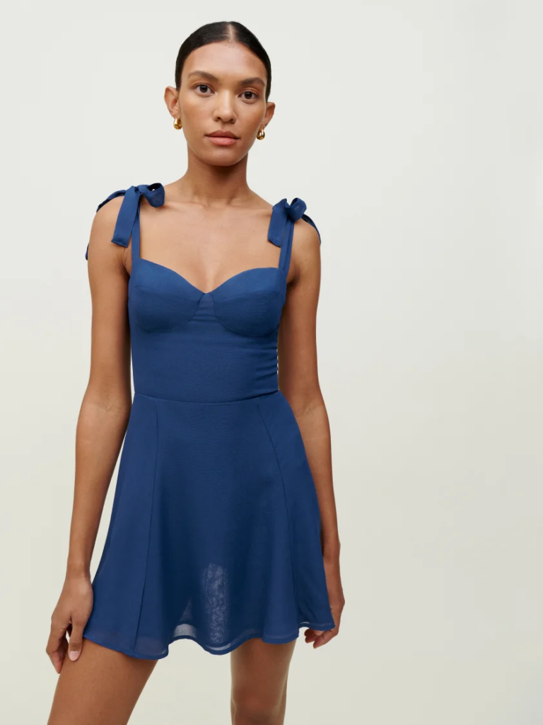 Tie shoulder mini dress in medium blue