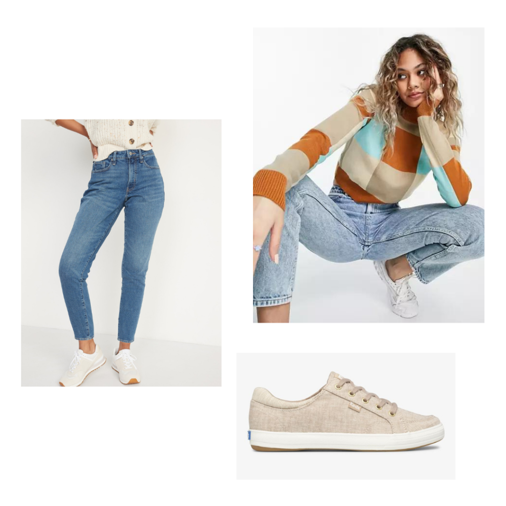 Chemistry lab outfit. A multi color patchwork crop sweater, medium wash skinny jeans and tan denim chambray ked sneakers.