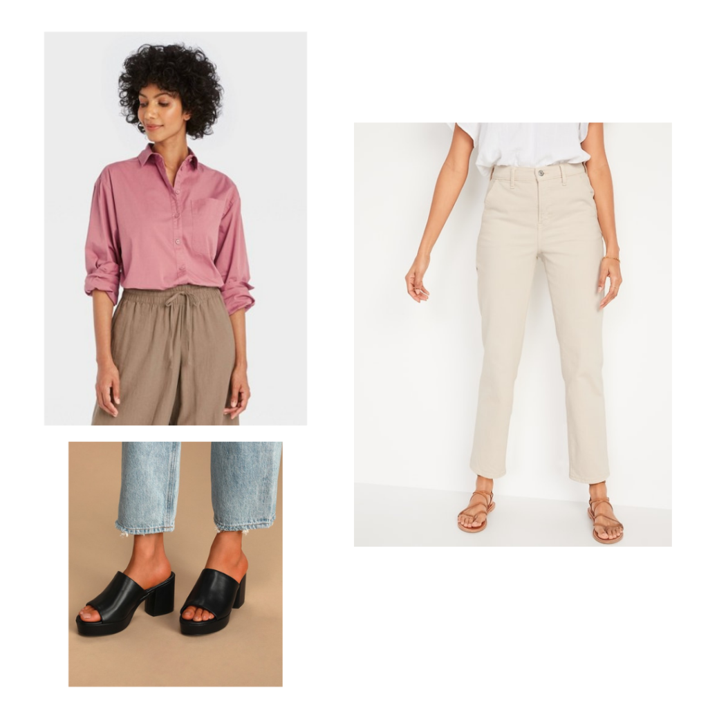 Class presentation outfit. A pink button up blouse, cream denim jeans and black mules.