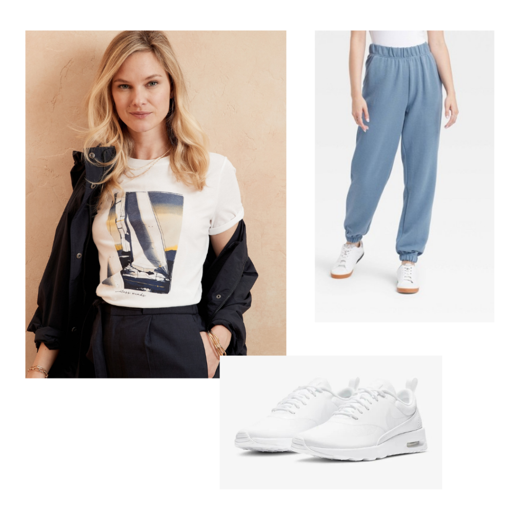 Dance class outfit. A white graphic tee, blue joggers and white nike sneakers.