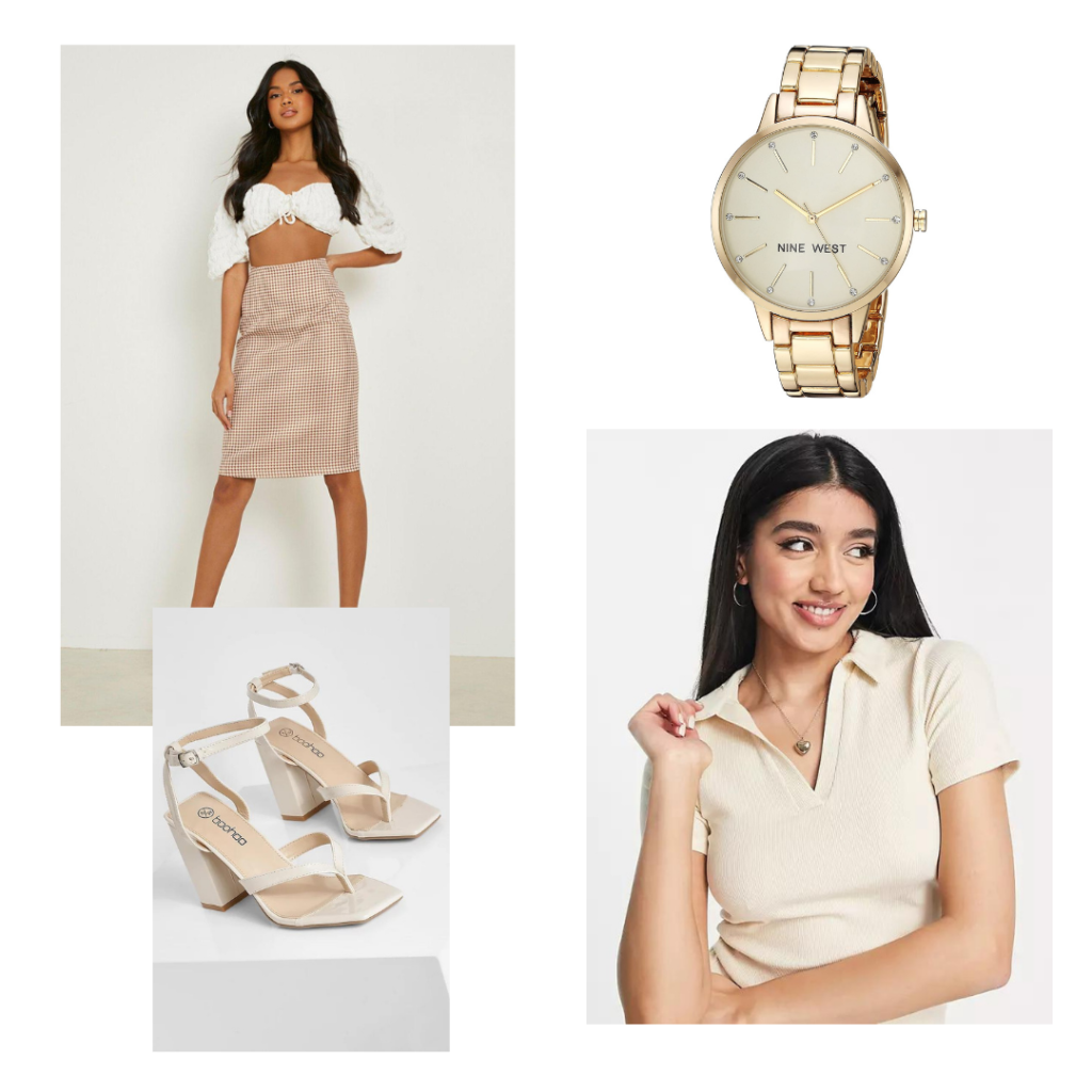 Easter Sunday Dinner Outfit. A beige polo top, brown houndstooth check print midi skirt, cream block heels and a gold watch.