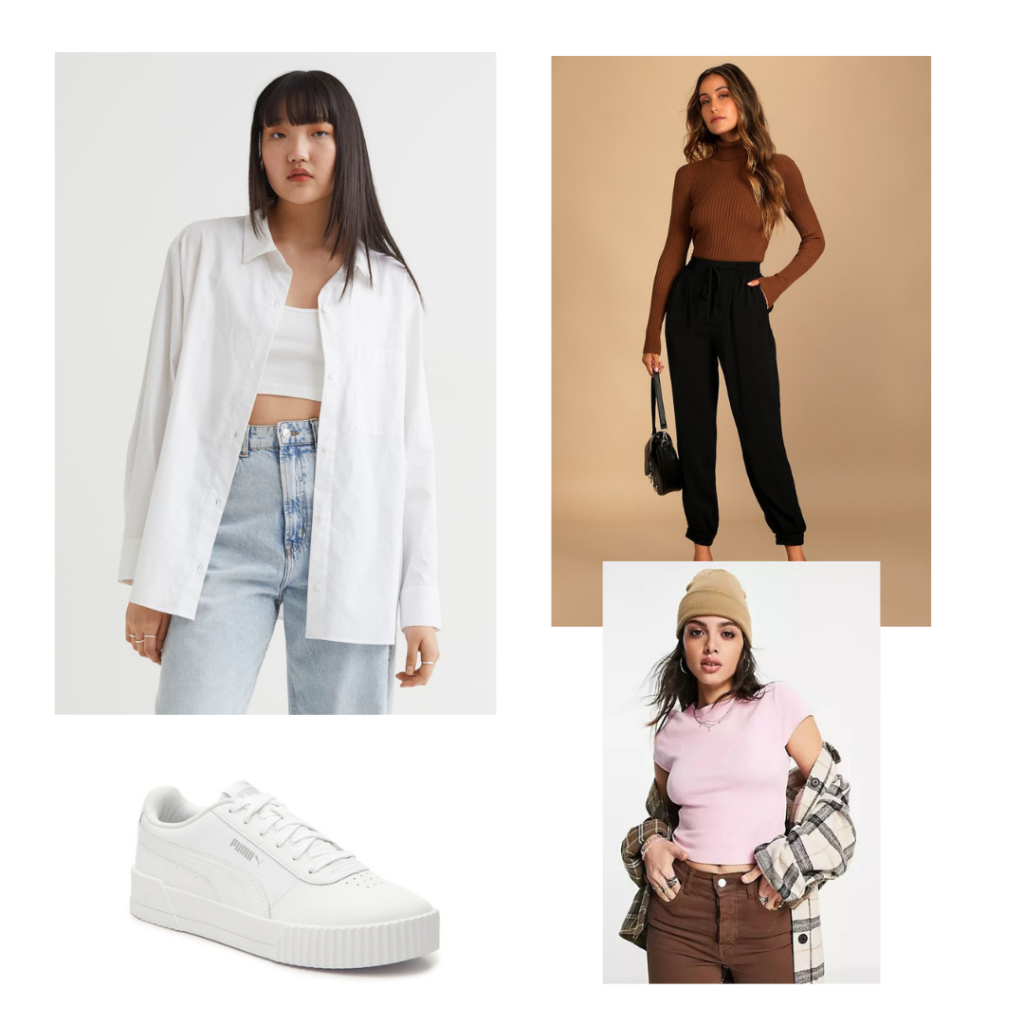 Exam outfit. A white button up blouse, black joggers, a pink crop t-shirt and white sneakers.
