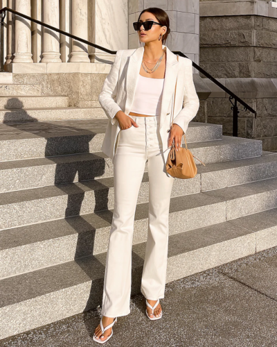 Woman wearing flare jeans, a white blazer, and a white crop top with a tan bag and white thong style heels