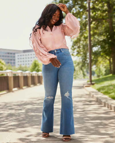 Flare jeans and blouse outfit