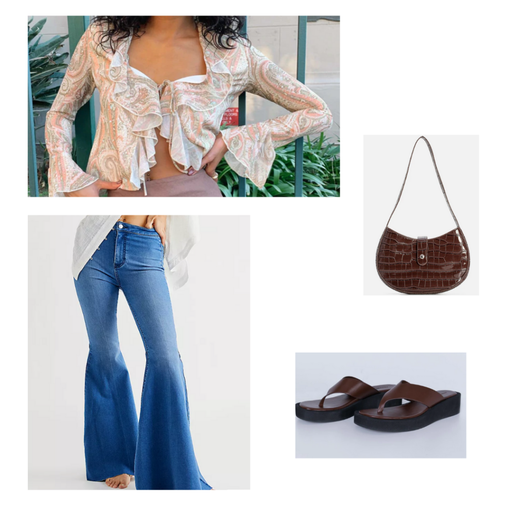 High waisted flare jeans outfit idea with medium wash flares, ruffled crop top with long sleeves, platform flip flops, brown mini purse