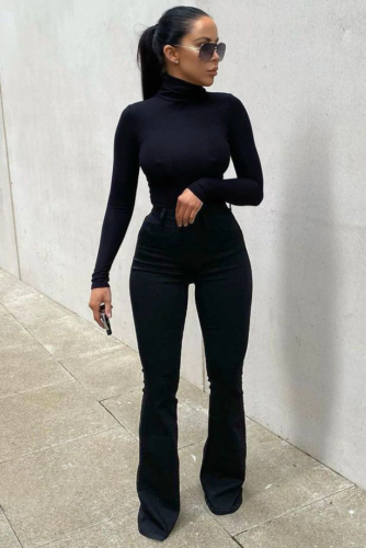All black flare jeans and turtleneck outfit