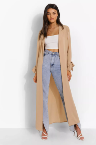 Duster coat and flare jeans outfit example