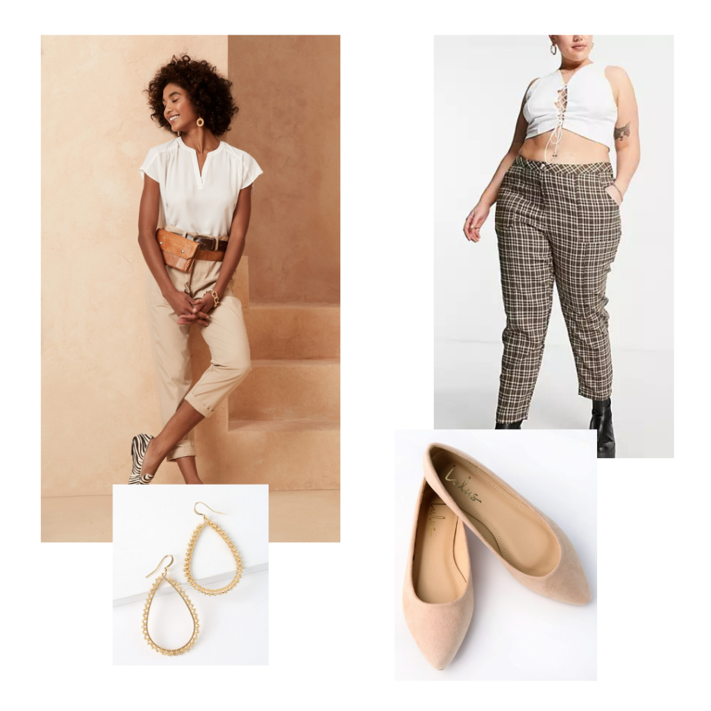 Internship/student assistant job outfit. A white dolman top, brown plaid tapered pants, gold teardrop earrings and nude flats.