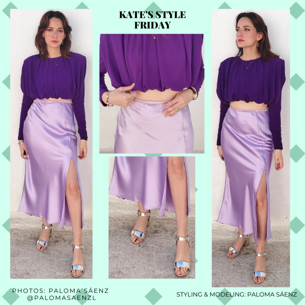 Outfit inspired by Kate from Bridgerton in season 2 with lilac midi skirt, gathered purple blouse, silver heels and jewelry