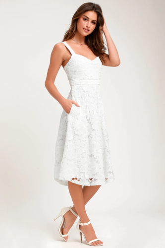 Lace midi dress and white heels