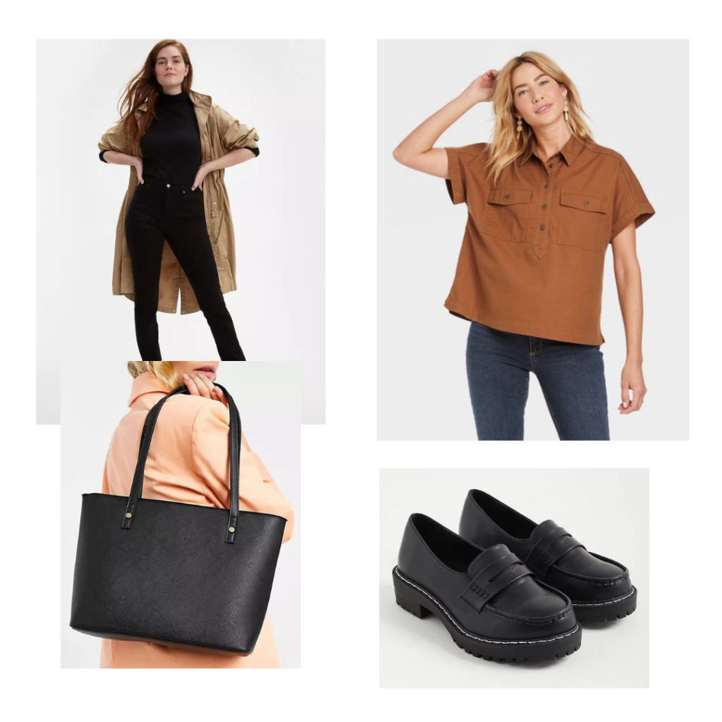 Library/study group outfit. A brown utility button down top, black straight leg jeans, a black tote bag and black chunky loafers.