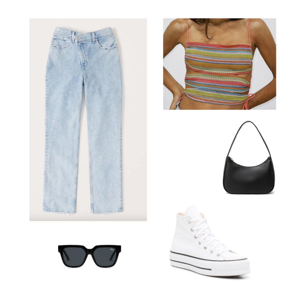 High waisted light wash jeans outfit with platform Converse sneakers, black sunglasses, mini purse, woven crop top in a multicolored print