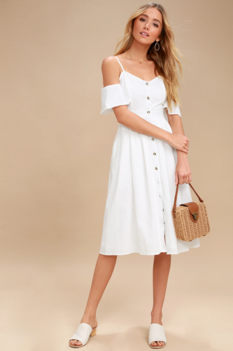 Off the shoulder midi dress and mules in white for a white party