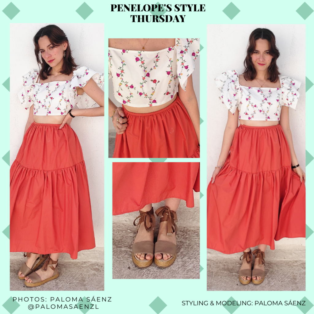 Outfit inspired by Penelope Featherington in Season 2 of bridgerton with red maxi skirt, off shoulder floral print top, brown sandals