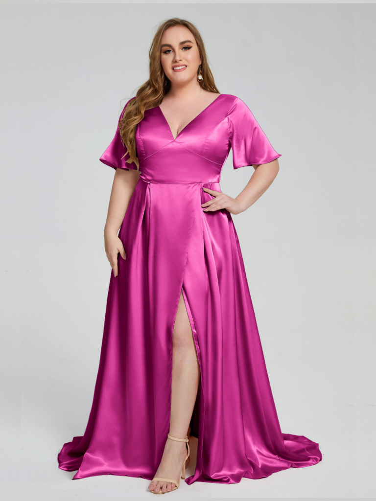Glam hot pink satin v-neck gown with sleeves and slit in plus size