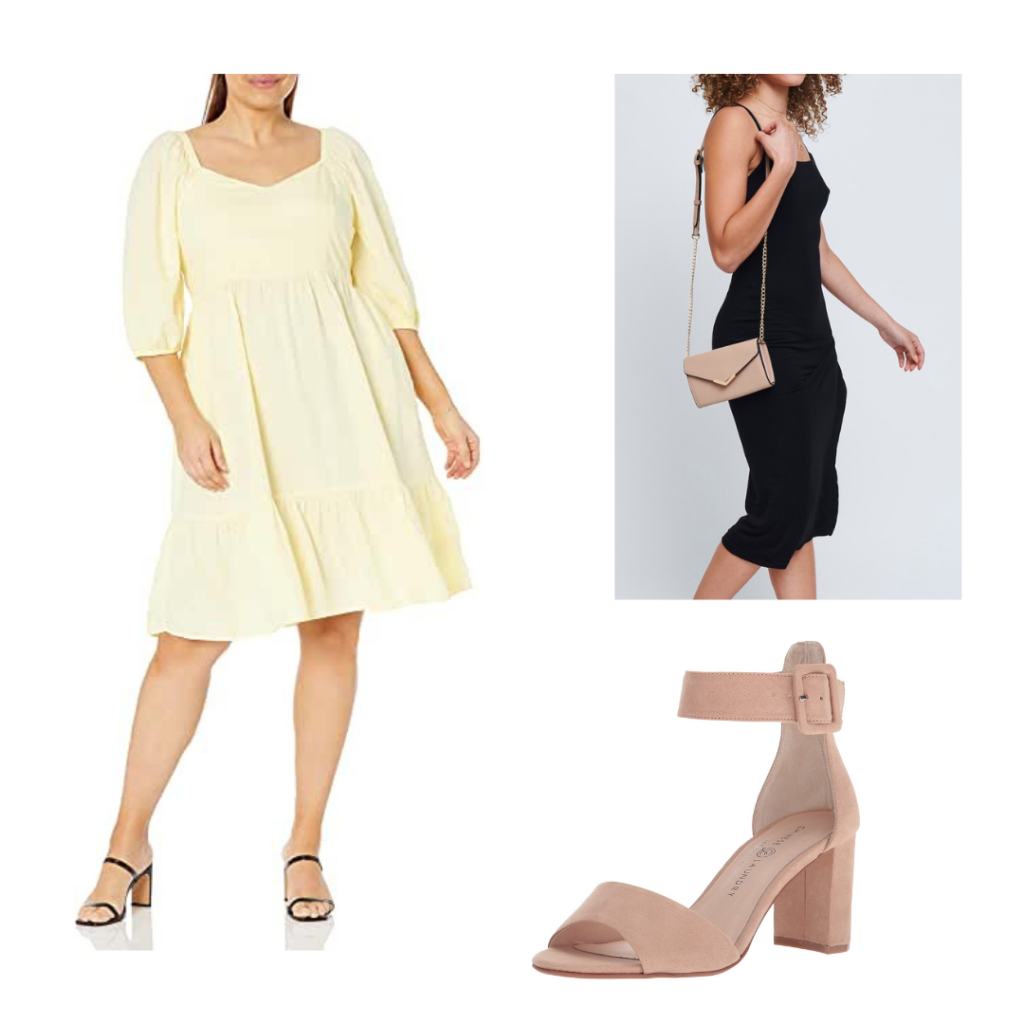 Easter Sunday Brunch Outfit. A smock pastel yellow dress, a gold chain strap nude crossbody bag, and nude strap heels.