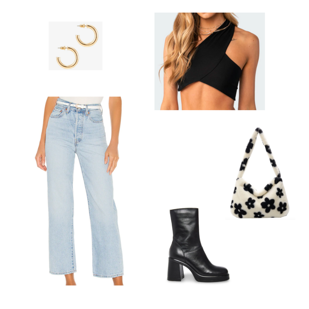 Vintage high waisted jeans outfit idea with black wrap crop top, chunky black boots, y2k fuzzy bag, gold hoops