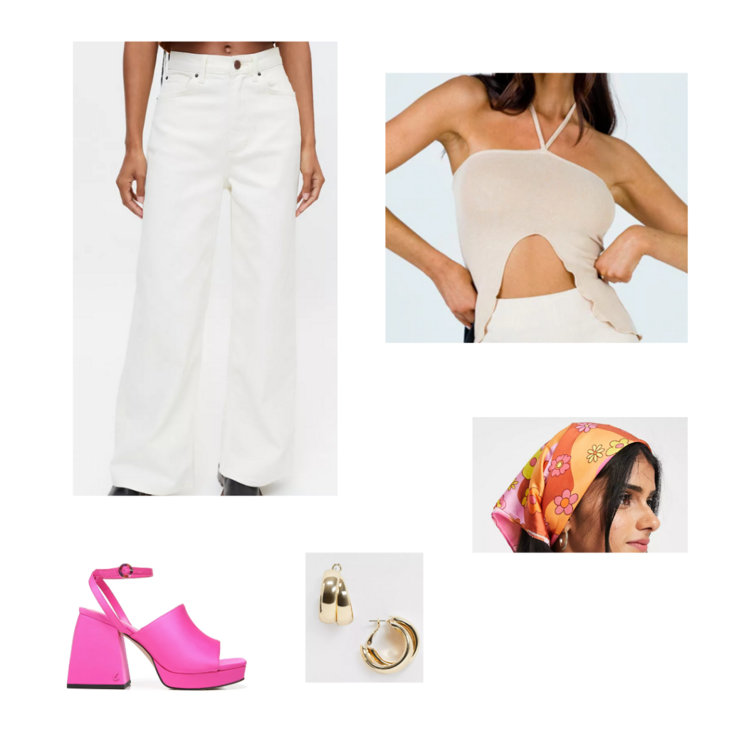 White high waisted jeans outfit idea with beige cutout crop top, hot pink chunky heels, gold hoops, bandana for hair