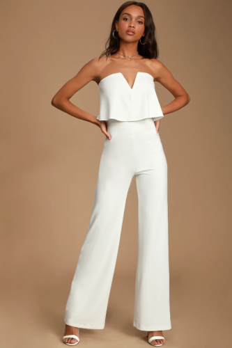 White strapless jumpsuit and heels outfit from Lulus
