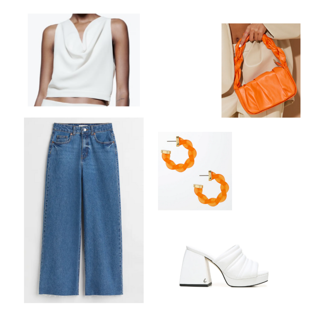 High waisted wide leg jeans outfit with chunky platform heels, white crop top, orange mini bag and orange earrings