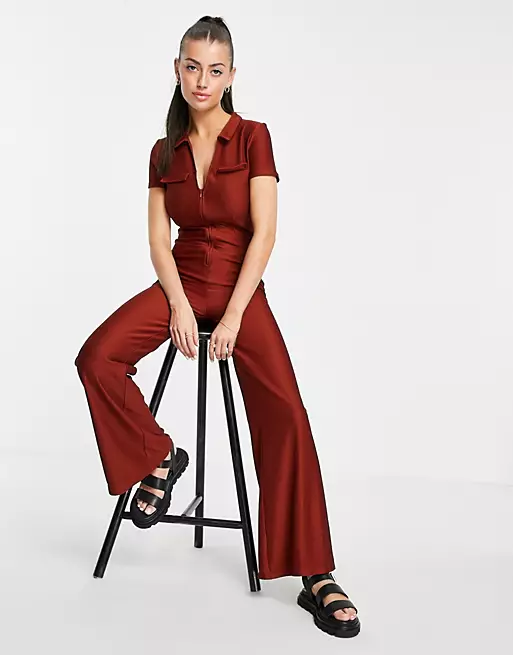 Brown zip front jumpsuit from ASOS