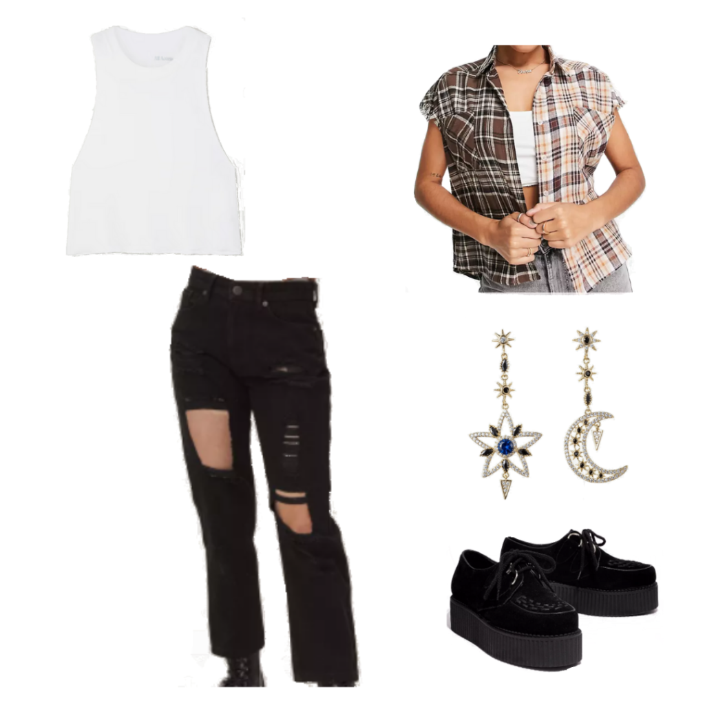 Alt outfit idea with ripped black jeans, white crop top, sleeveless plaid shirt, moon and star earrings, black creepers