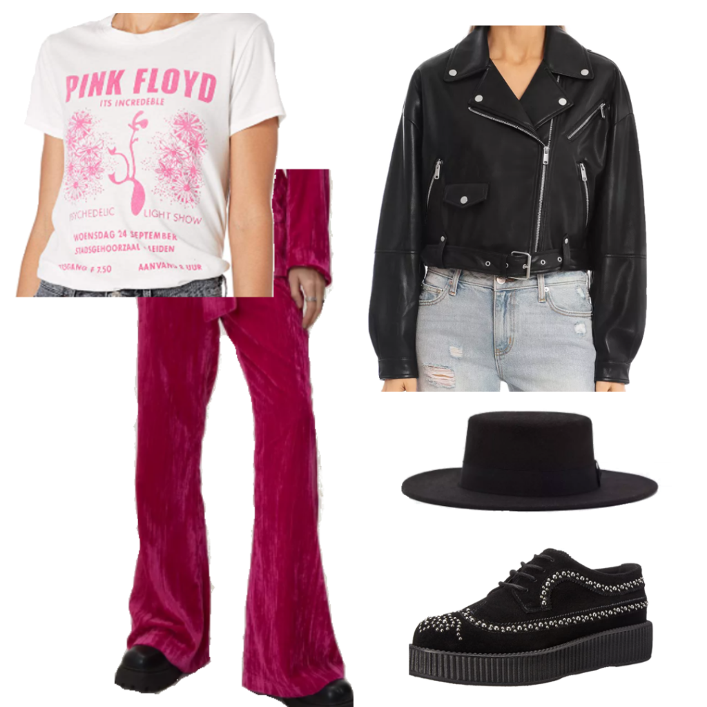 Alternative outfit idea with red velvet flares, black moto jacket, Pink Floyd graphic tee, wide brim black hat, chunky creepers