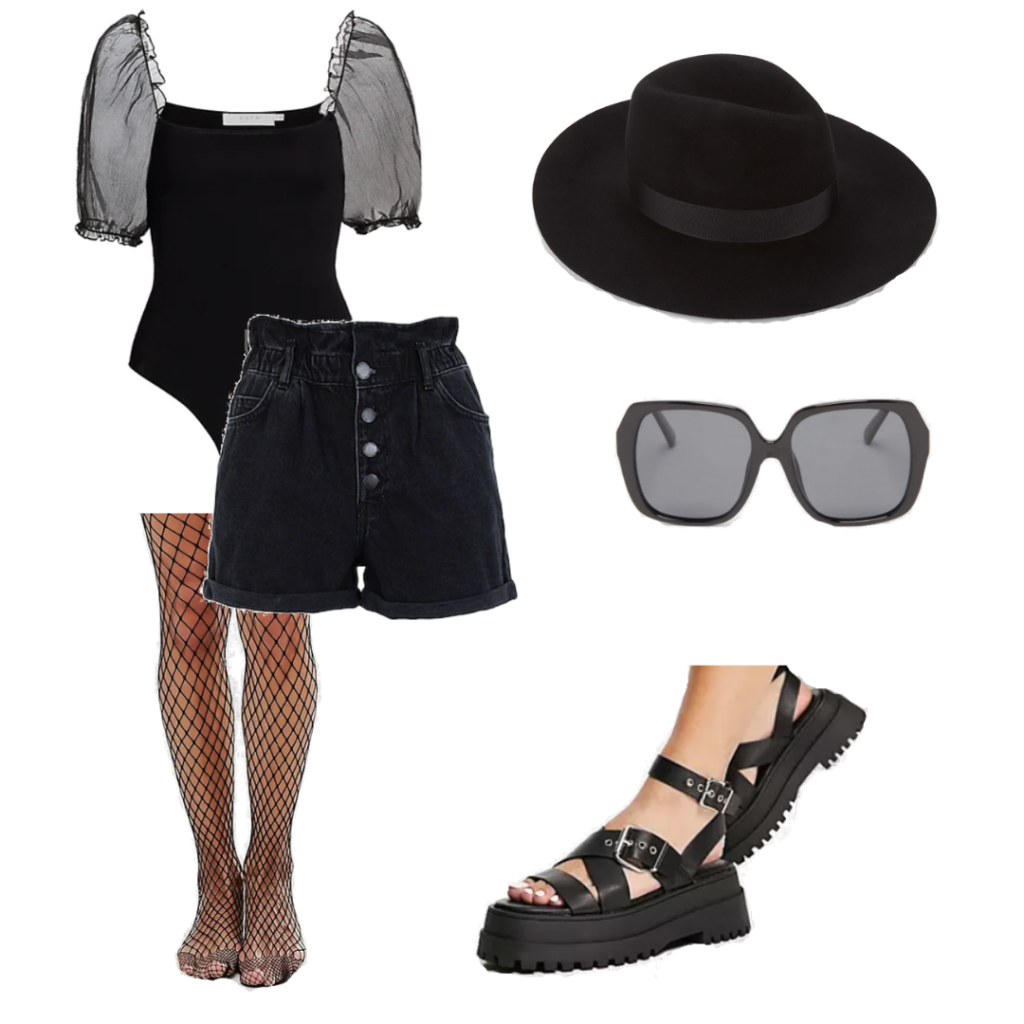 Cute summer alt outfit with puff sleeve bodysuit, button-front black shorts, chunky dad sandals, oversized sunglasses, fishnet tights, wide brim hat