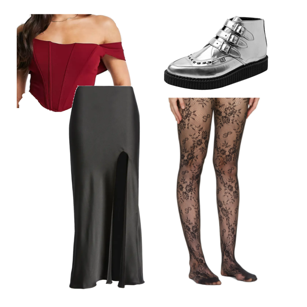Cute long skirt outfit with an alternative vibe, with a black satin maxi skirt, burgundy corset off-shoulder top, floral mesh tights, and silver creepers