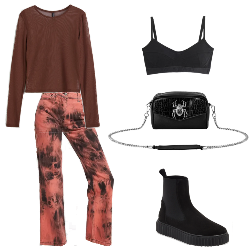 Colorful alt outfit with acid wash black and pink jeans, mesh burgundy top, black bralette, black and silver bag with a spider, flatform boots in black suede