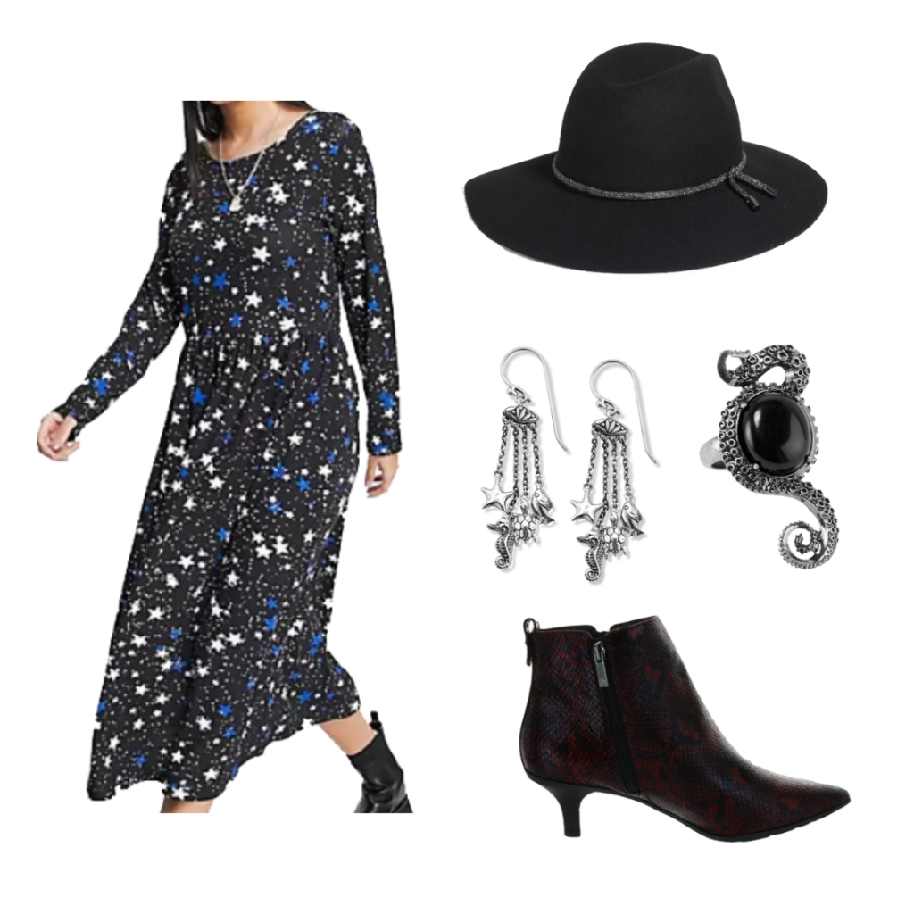 Alt girl outfit with black and white star printed long-sleeve midi dress, wide brim black hat, dangly star and seahorse earrings, tentacle ring, black pointed toe ankle boots