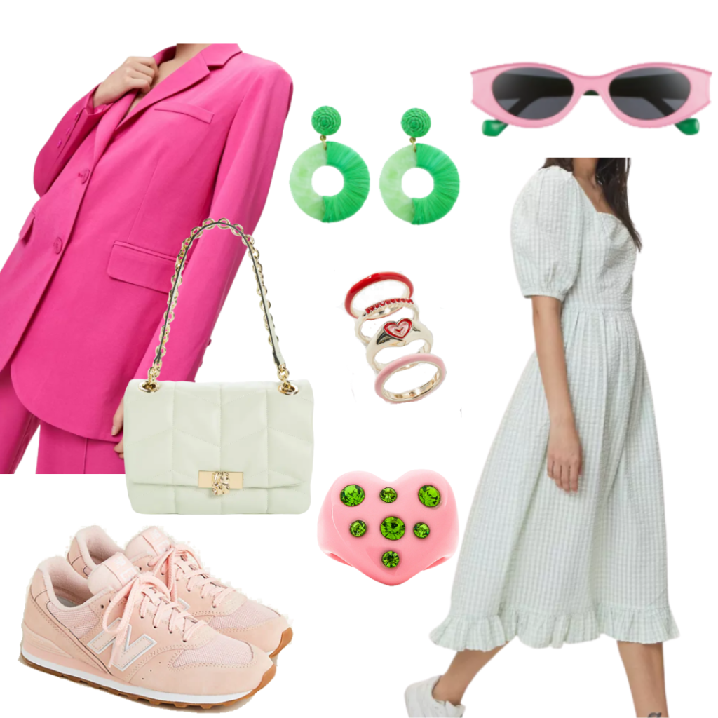 Casual dress and blazer outfit with light green gingham dress, hot pink blazer, pink new balance sneakers, green earrings, pink sunglasses and jewelry