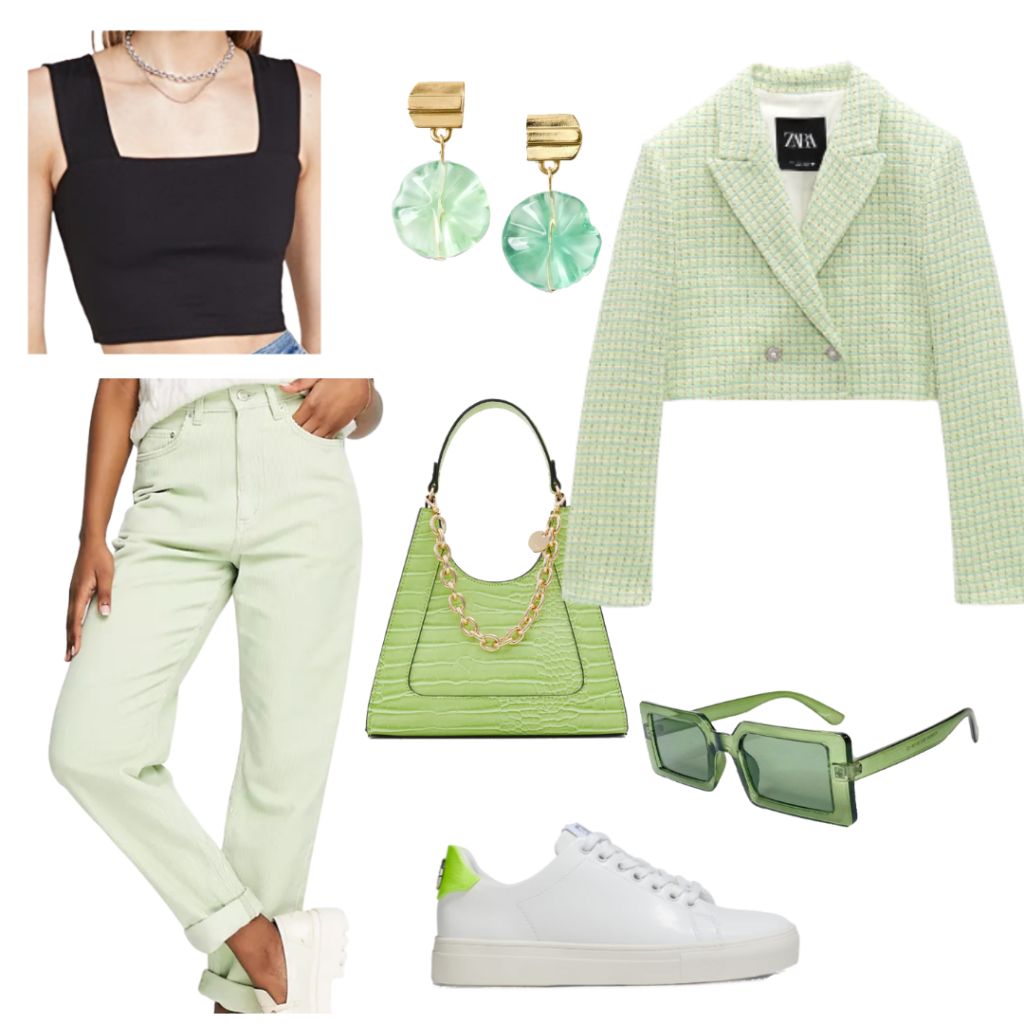 Blazer and crop top outfit with cropped blazer, high waisted jeans, black square neck crop top, green glass earrings, green sunglasses, white sneakers with green accents 
