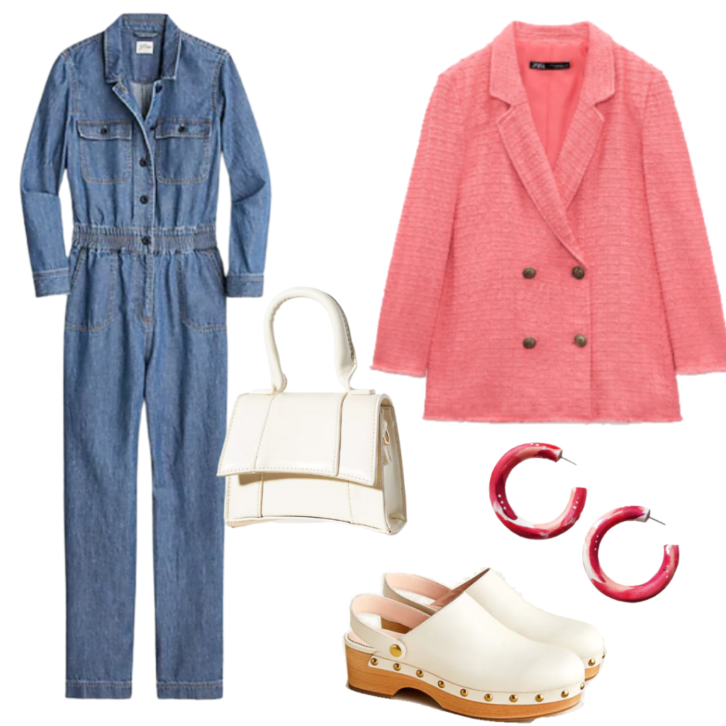 How to wear a jumpsuit and a blazer: Outfit with denim jumpsuit, coral pink blazer, white bag and shoes, pink earrings