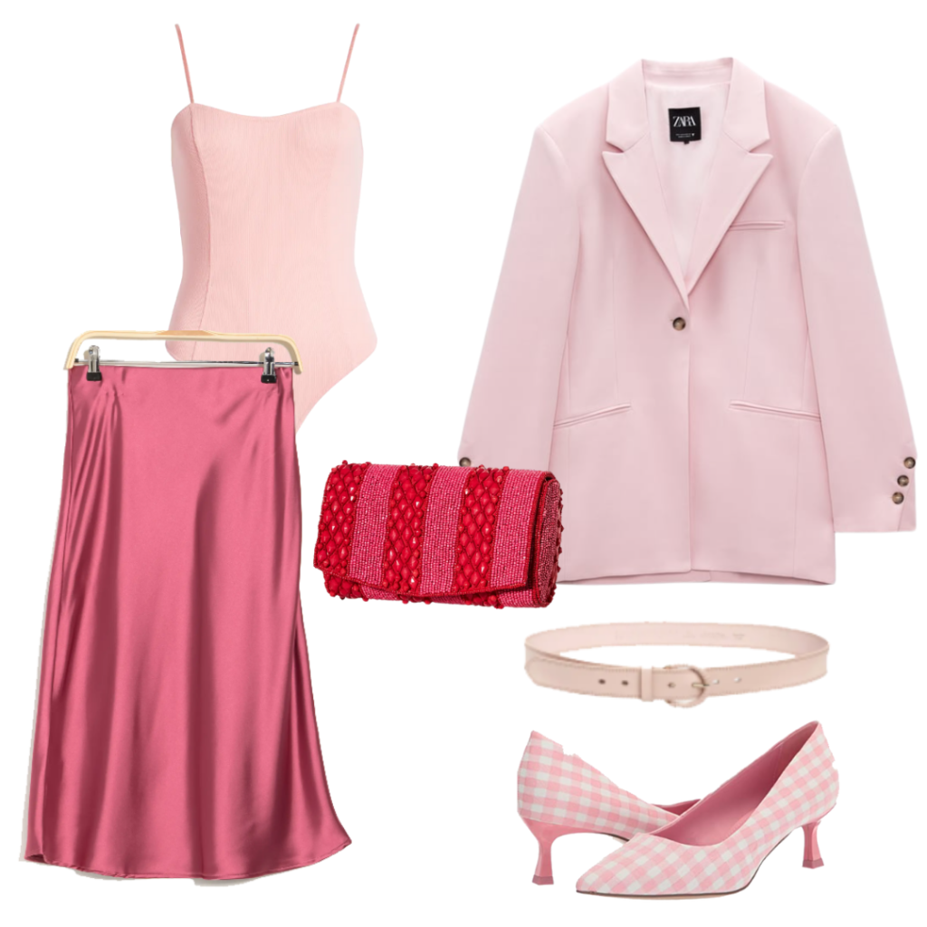 Blazer and midi skirt outfit: Oversized pink blazer, pink satin midi skirt, pink strappy bodysuit, red and pink clutch, light pink accessories