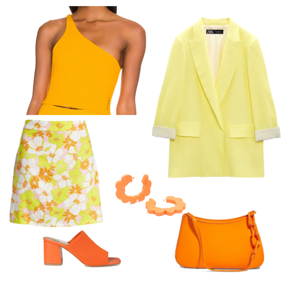 Blazer and mini skirt outfit with yellow one-shoulder top, pale yellow blazer, floral patterned 70s skirt, orange shoes and accessories