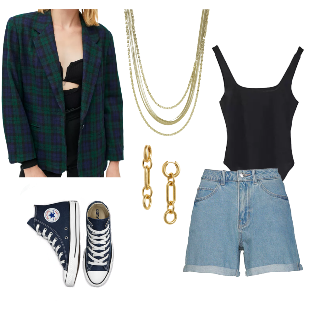 Denim shorts, black bodysuit, plaid blazer, gold jewelry, high top converse sneakers