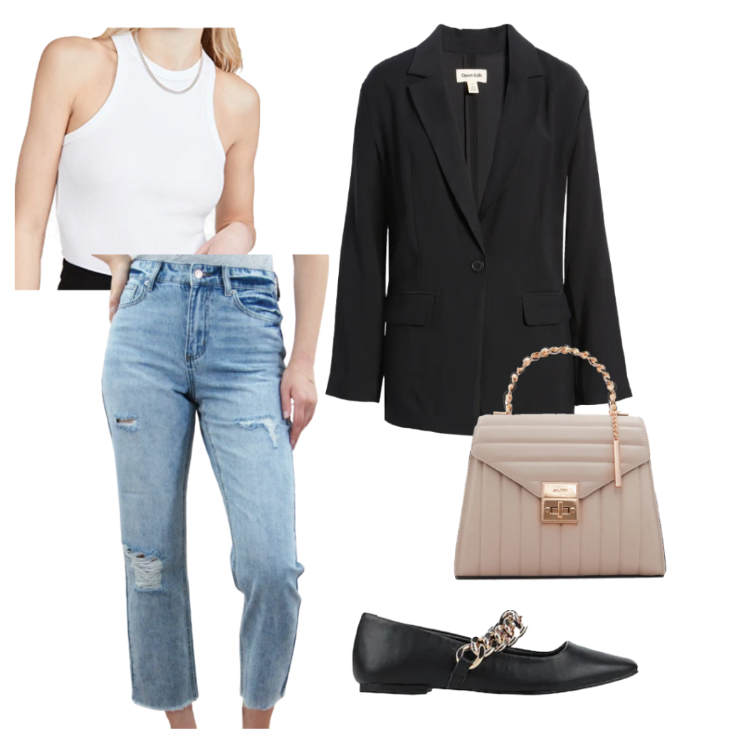 Blazer and tank top outfit with white tank, oversized black blazer, wide leg jeans, black flats, nude top handle purse