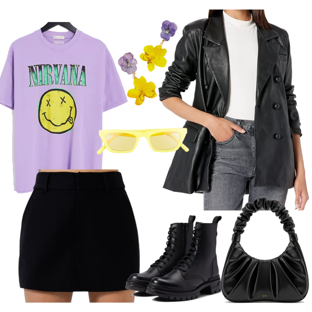 How to wear a leather blazer with a graphic tee, mini skirt, chunky combat boots, yellow sunglasses, black purse