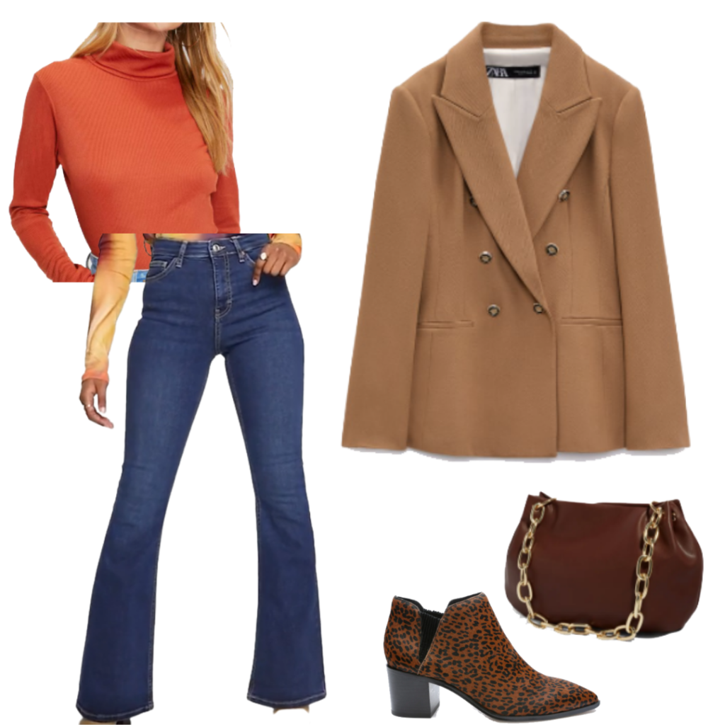 Blazer and turtleneck top outfit with chunky camel blazer, flare jeans, orange turtleneck, chain strap bag