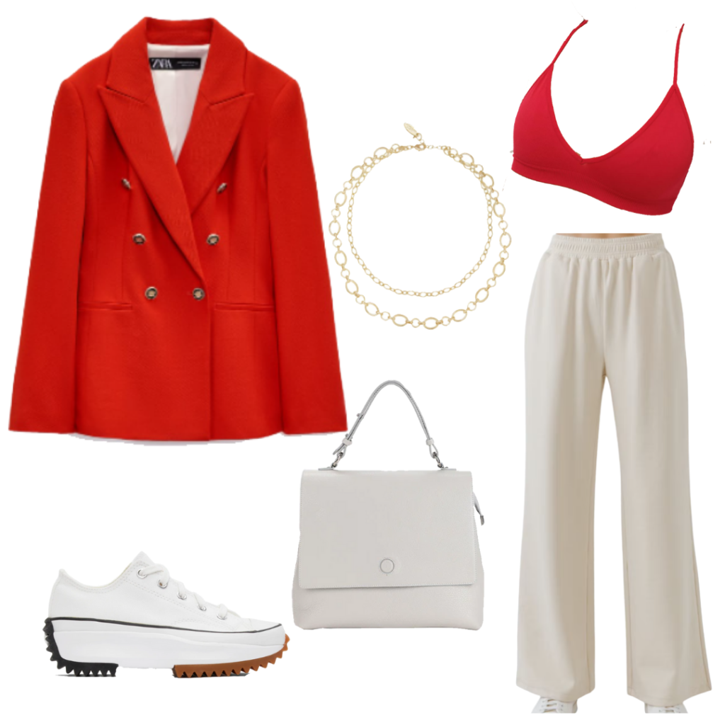 Blazer and wide leg pants outfit: Red blazer, white pants, chunky sneakers, gold jewelry, red bralette, white bag