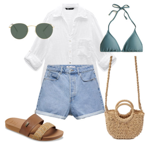 Casual Boat Day Outfit: white linen button down shirt, denim shorts, bikini top, slide sandals and a basket bag